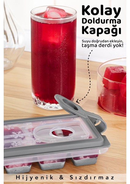 12 Hazneli Gri Silikon Buz Kalıbı, Kapaklı, Yapışmaz, Bas-Çıkart Özellikli modelleri