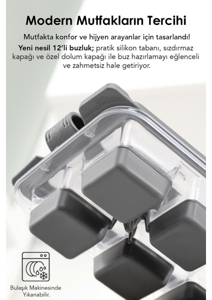 12 Hazneli Gri Silikon Buz Kalıbı, Kapaklı, Yapışmaz, Bas-Çıkart Özellikli indirimleri
