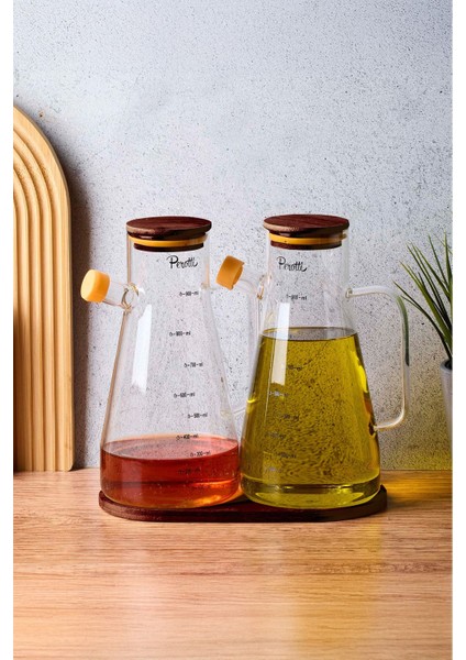 Şeffaf Cam Yağdanlık ve Sirkelik Takımı, 900 Ml, Akasya Kapaklı ve Standlı