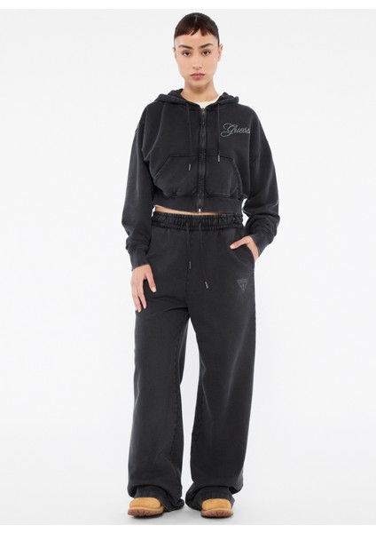 Siyah Kadın Standart Kalıp Sweatshirt Go Rhınestone Crop H - Organıc Cott