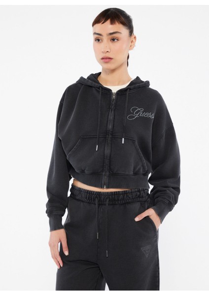 Siyah Kadın Standart Kalıp Sweatshirt Go Rhınestone Crop H - Organıc Cott fiyatları