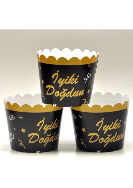 Altın ve Siyah Renkli 12'li Doğum Günü Cupcake Kapsülleri