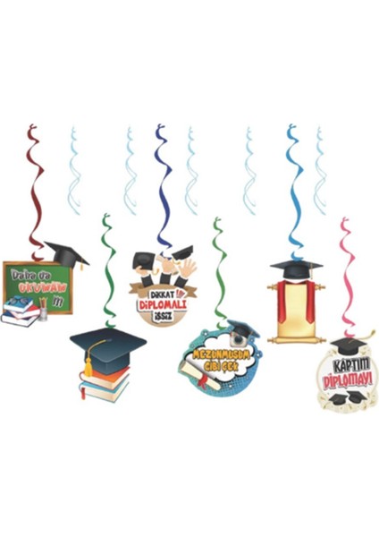 Altın Renkli 6'lı Tavan Süsleri, Mezuniyet Temalı, Şık ve Eğlenceli Dekorasyon Seti