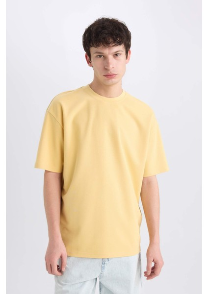 Oversize Geniş Kalıp Ütü Gerektirmeyen Bisiklet Yaka Kısa Kollu Basic Düz Ağır Kumaş Tişört X3926AZ25SP