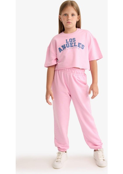 Kız Çocuk 2'li Takım Baskılı Kısa Kollu Tişört Beli Lastikli Eşofman Altı E6414A825AU