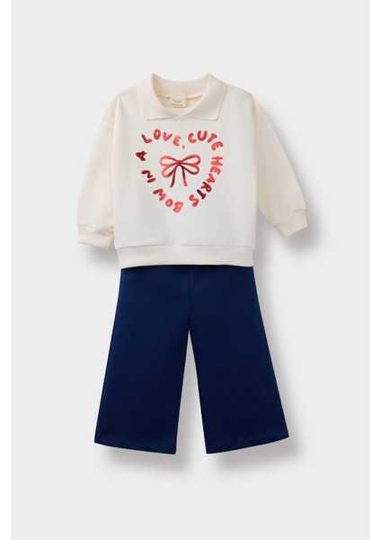 Kız Bebek 2'li Takım Baskılı İçi Yumuşak Tüylü Sweatshirt Eşofman Altı F3744A525AU