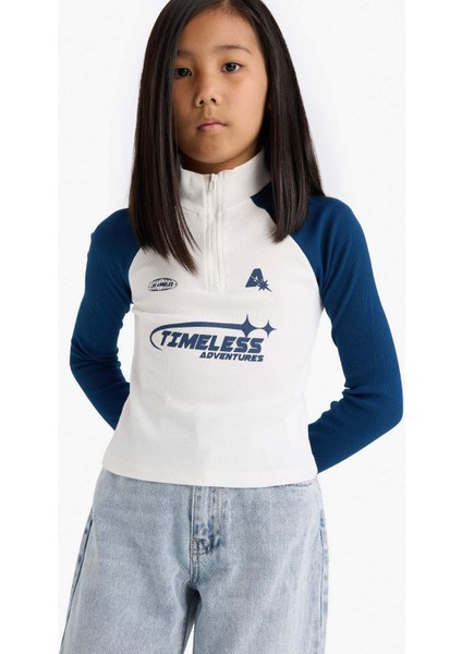 Kız Çocuk Fitted Dik Yaka Fermuarlı Baskılı Fitilli Kaşkorse Uzun Kollu Tişört E9654A825AU modelleri