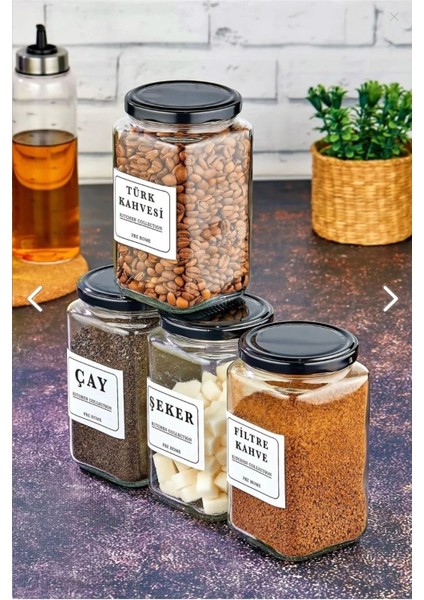 4'lü Cam Saklama Kabı, 850 Ml, Çay, Şeker, Kahve, Filtre, Renkli, Pratik, Dayanıklı