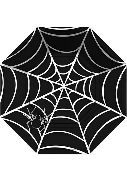 Siyah Örümcekli Sekizgen Tabak 23CM, 8'li, Halloween Temalı Şık ve Kullanışlı.