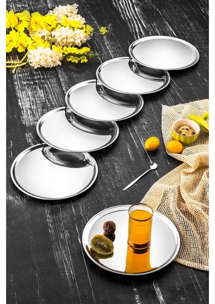 6'lı Lüx 21 cm Gümüş Yuvarlak Servis Tepsisi Seti