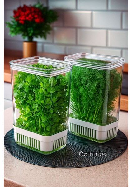 Şeffaf Yeşillik Saklama Kabı 2'li Set, 2900 Ml, Sebze ve Buzdolabı Tazeleme Kutusu
