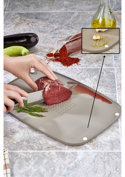 Çift Yüzeyli, Rende Bölmeli, Taşma Önleyici, Kaydırmaz Çok Amaçlı Kesim Panosu Bej