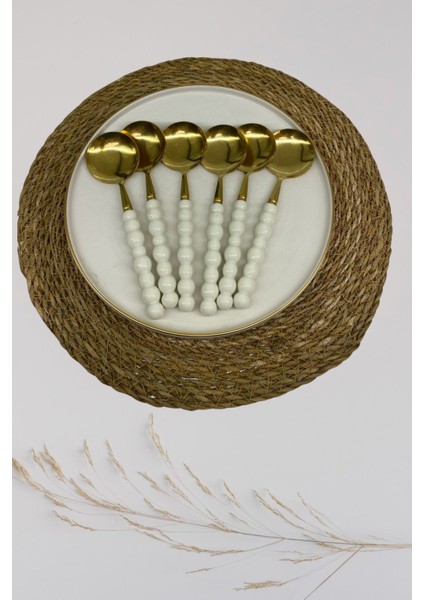 6 Parça Beyaz Plastik Inci Taş Detaylı Gold Yemek Kaşığı Takımı