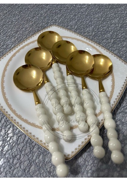 6 Adet Beyaz Plastik Inci Taş Detaylı Gold Yemek Kaşığı Takımı fiyatları