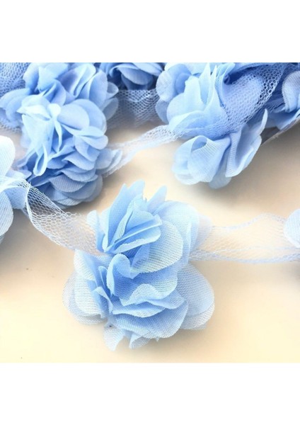Mavi 1m Gül Desenli Lazer Tül Kenar Süsü, Hafif ve Şık Tekstil Tasarım Kumaşı