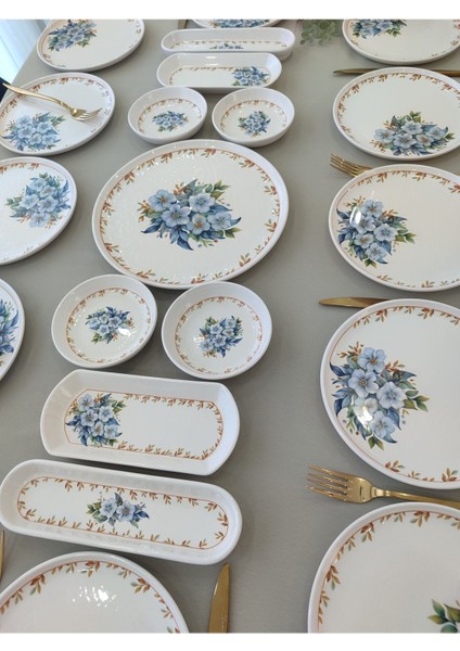 12 Kişilik Mavi Çiçek Desenli 21 Parça Kahvaltı Takımı modelleri