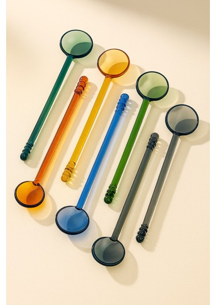 6’lı Renkli Borosilikat Cam Kaşık Seti, Isıya Dayanıklı, Dondurma ve Kahve Karıştırıcı