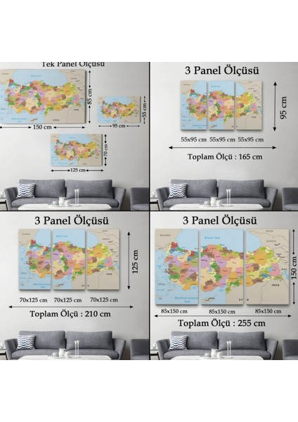 Komşu Ülkeli Ingilizce Türkiye Haritası Dekoratif Kanvas Tablo, Duvar Dekoru 1067 fırsatları