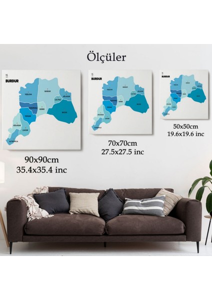 Il ve Ilçeler Haritası Burdur, Modern Dekoratif Kanvas Tablo, Duvar Dekoru 1305 modelleri
