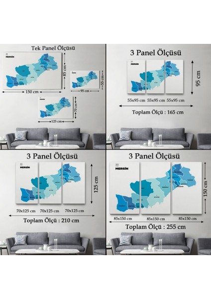 Il ve Ilçeler Haritası Mersin, Modern Dekoratif Kanvas Tablo, Duvar Dekoru 1420 modelleri