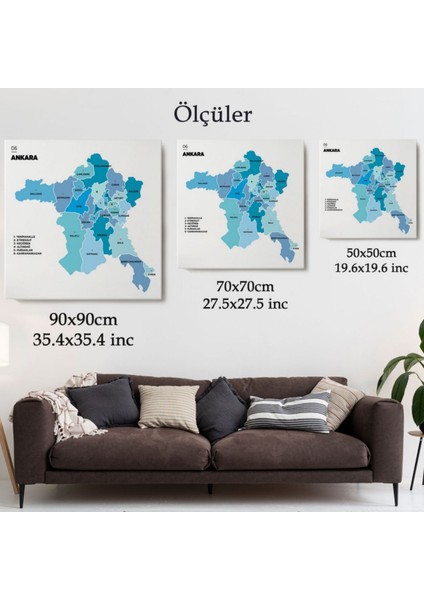 Il ve Ilçeler Haritası Ankara, Modern Dekoratif Kanvas Tablo, Duvar Dekoru 1264 modelleri