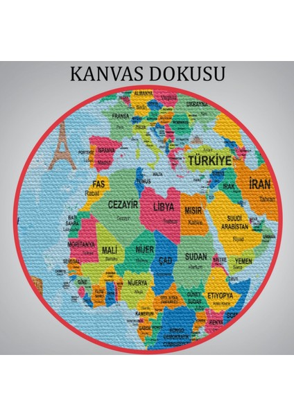 Sembollü ve Okyanuslu Eğitici Türkçe Dünya Haritası Dekoratif Kanvas Tablo, Duvar Dekoru 2470