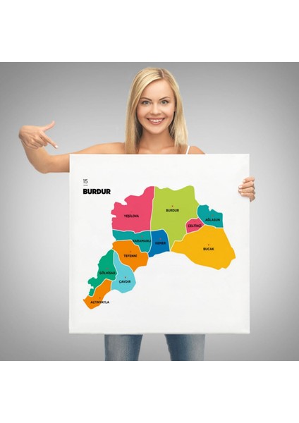 Il ve Ilçeler Haritası Burdur, Modern Dekoratif Kanvas Tablo, Duvar Dekoru 1303