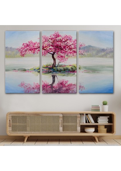 Yağlıboya Görünüm Göldeki Sakura Ağacı Dekoratif Kanvas Tablo, Duvar Dekoru 3494 modelleri