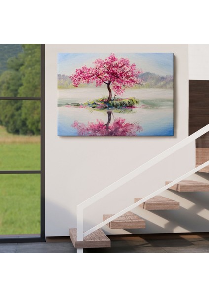 Yağlıboya Görünüm Göldeki Sakura Ağacı Dekoratif Kanvas Tablo, Duvar Dekoru 3494 indirimleri