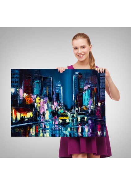 Yağlıboya Görünüm Newyork Gece Manzarası Dekoratif Kanvas Tablo, Duvar Dekoru 3533