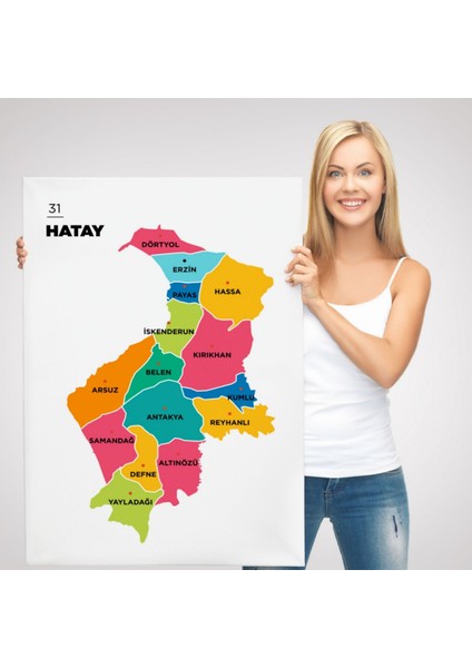 Il ve Ilçeler Haritası Hatay, Modern Dekoratif Kanvas Tablo, Duvar Dekoru 1354