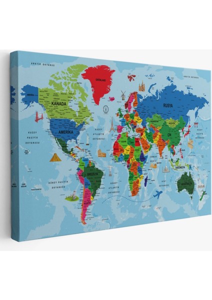 Ünlü Yerler ve Sembolleri Eğitici Türkçe Dünya Haritası Dekoratif Kanvas Tablo, Duvar Dekoru 2036