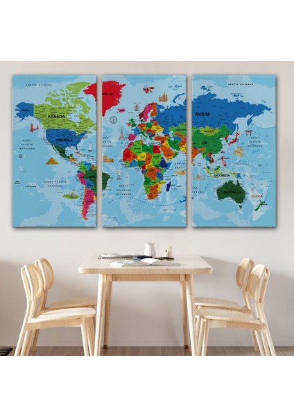 Ünlü Yerler ve Sembolleri Eğitici Türkçe Dünya Haritası Dekoratif Kanvas Tablo, Duvar Dekoru 2036 modelleri