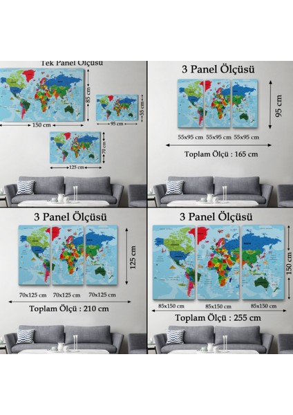Ünlü Yerler ve Sembolleri Eğitici Türkçe Dünya Haritası Dekoratif Kanvas Tablo, Duvar Dekoru 2036 fırsatları