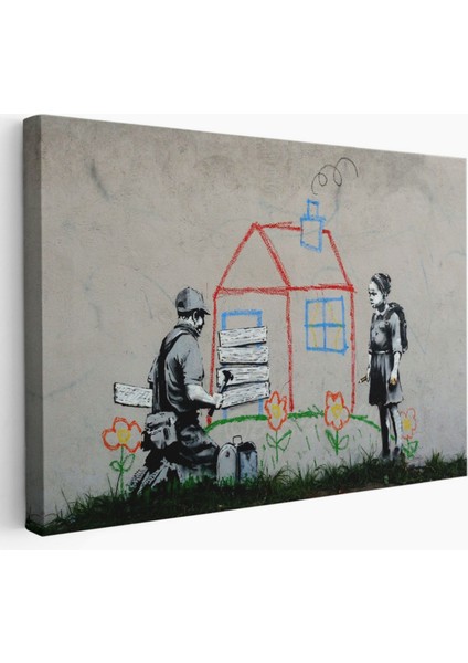 Çocuğun Çizdiği Ev ve Kapıyı Kapatan Adam, Banksy Dekoratif Kanvas Tablo, Duvar Dekoru 5019