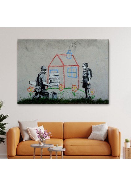 Çocuğun Çizdiği Ev ve Kapıyı Kapatan Adam, Banksy Dekoratif Kanvas Tablo, Duvar Dekoru 5019 fiyatları