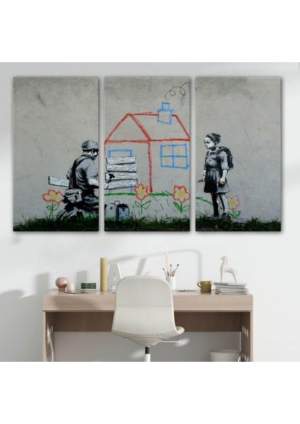 Çocuğun Çizdiği Ev ve Kapıyı Kapatan Adam, Banksy Dekoratif Kanvas Tablo, Duvar Dekoru 5019 modelleri