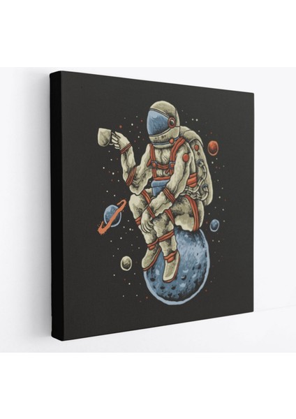 Dünya Üzerinde Kahve Içen Astronot Dekoratif Kanvas Tablo, Duvar Dekoru 5098