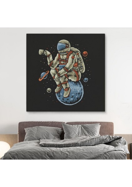 Dünya Üzerinde Kahve Içen Astronot Dekoratif Kanvas Tablo, Duvar Dekoru 5098 modelleri