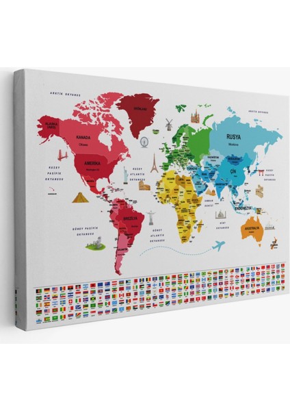 Ülke Bayrakları, Ünlü Yerler, Türkçe Dünya Haritası Dekoratif Kanvas Tablo, Duvar Dekoru 1958