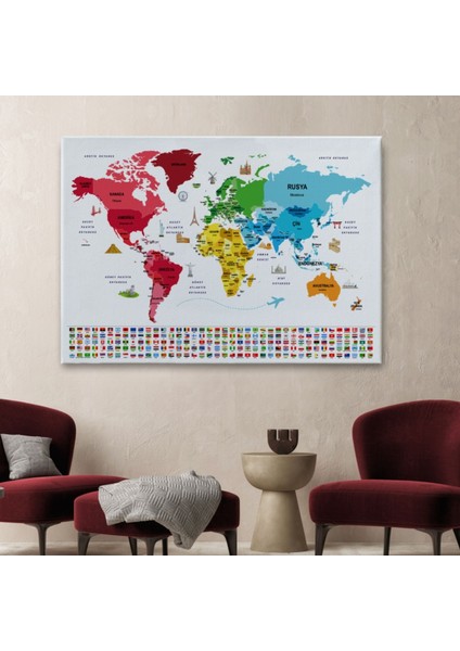 Ülke Bayrakları, Ünlü Yerler, Türkçe Dünya Haritası Dekoratif Kanvas Tablo, Duvar Dekoru 1958 fiyatları