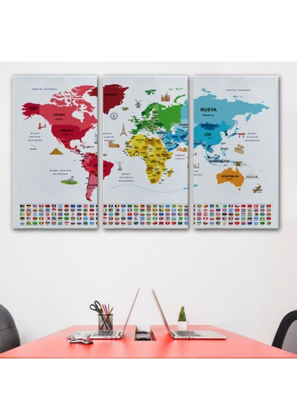 Ülke Bayrakları, Ünlü Yerler, Türkçe Dünya Haritası Dekoratif Kanvas Tablo, Duvar Dekoru 1958 modelleri