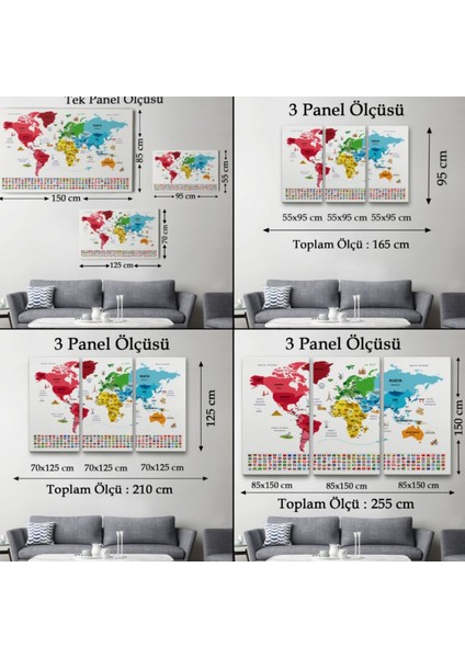 Ülke Bayrakları, Ünlü Yerler, Türkçe Dünya Haritası Dekoratif Kanvas Tablo, Duvar Dekoru 1958 fırsatları
