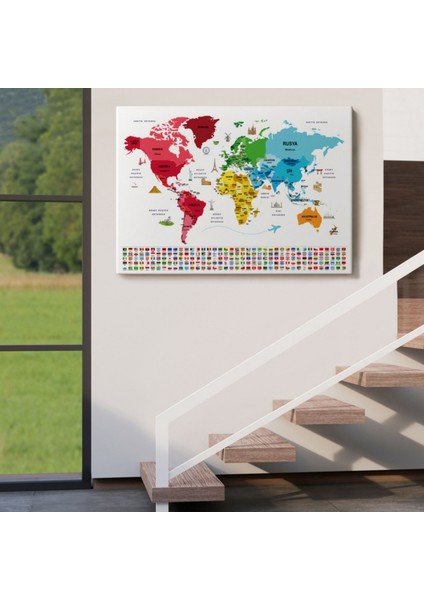 Ülke Bayrakları, Ünlü Yerler, Türkçe Dünya Haritası Dekoratif Kanvas Tablo, Duvar Dekoru 1958 indirimleri