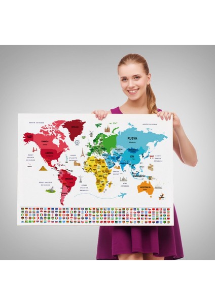 Ülke Bayrakları, Ünlü Yerler, Türkçe Dünya Haritası Dekoratif Kanvas Tablo, Duvar Dekoru 1958