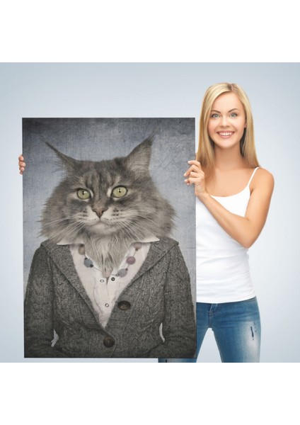 Insan Görünümlü Kedi Dekoratif Kanvas Tablo, Duvar Dekoru 4985