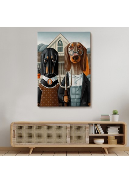 Köpekler Amerikan Gotik Klasik Dekoratif Kanvas Tablo, Duvar Dekoru 6012 modelleri