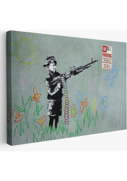 Makineli Tüfek ve Çocuk, No Parking, Banksy Dekoratif Kanvas Tablo, Duvar Dekoru 5008