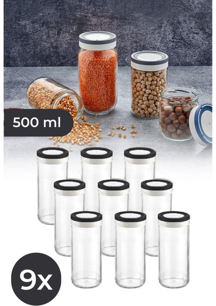 9'lu Cam Baharat Kavanozu Seti, 500 Ml, Siyah Kapaklı, Şık ve Kullanışlı Ürün.