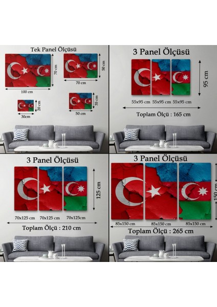 Azerbaycan ve Türk Bayrağı Dekoratif Kanvas Tablo, Duvar Dekoru 6516 modelleri